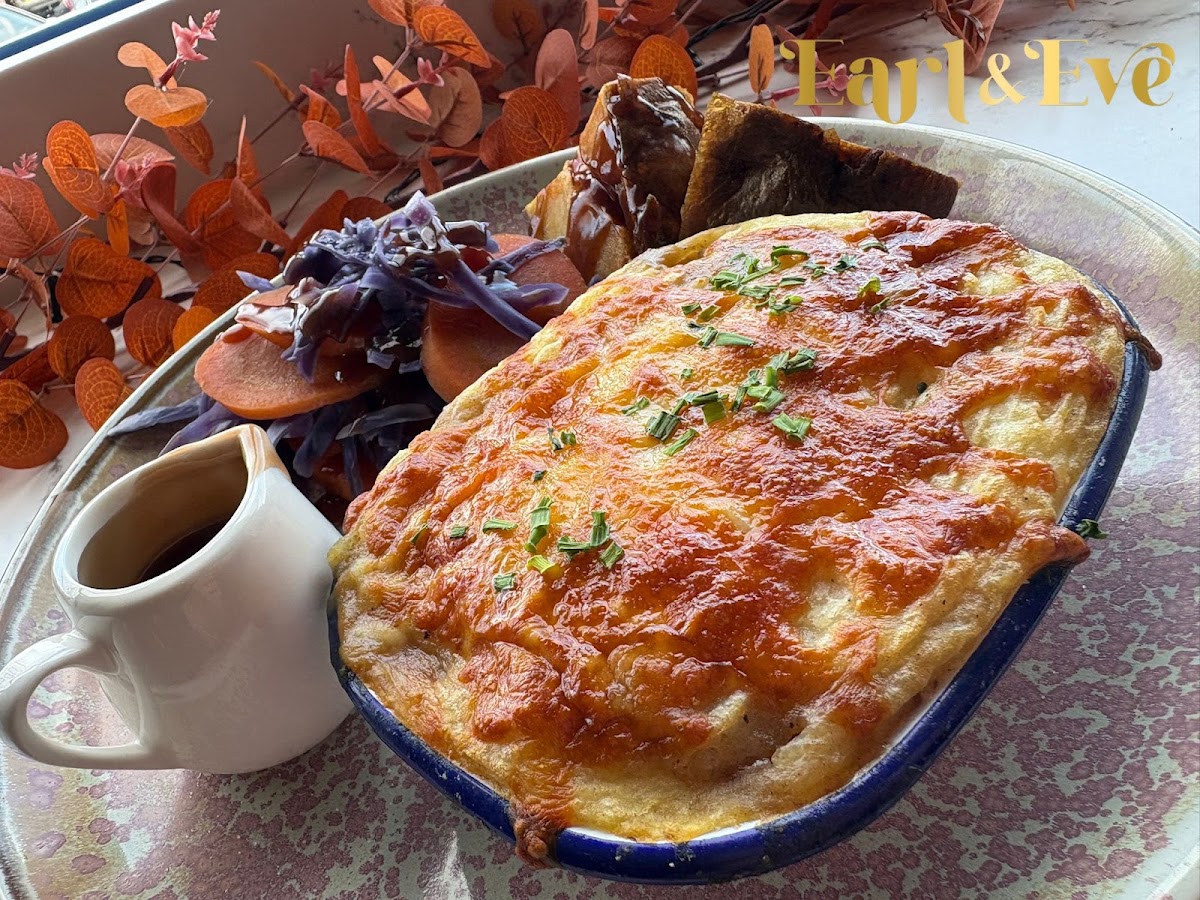 Cottage pie with onion gravy served at Earl & Eve